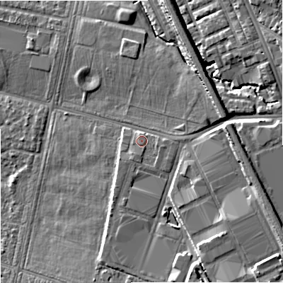 Shaded relief map of the ground around SK45GA, computed from Environment Agency LiDAR. The ground here sits at about 55 m above sea level and falls 13 m across the surrounding 800 m. Surface water reaching this point runs off ground lying to the east-south-east, 0.8 m higher.