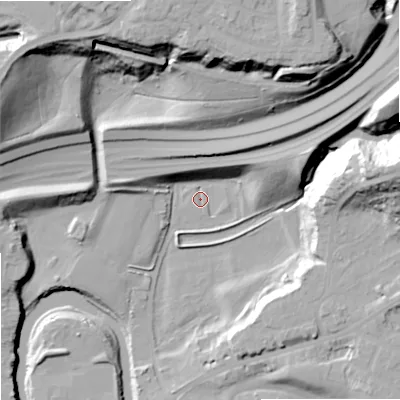 Shaded relief map of the ground around SK62BH, computed from Environment Agency LiDAR. The ground here sits at about 44 m above sea level and falls 47 m across the surrounding 800 m. Surface water reaching this point runs off ground lying to the east-north-east, 15.8 m higher.
