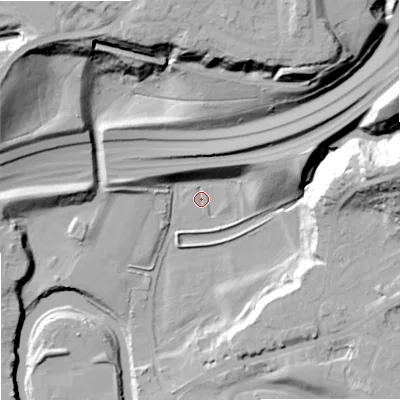 Shaded relief map of the ground around SK62BL, computed from Environment Agency LiDAR. The ground here sits at about 44 m above sea level and falls 47 m across the surrounding 800 m. Surface water reaching this point runs off ground lying to the east-north-east, 15.8 m higher.