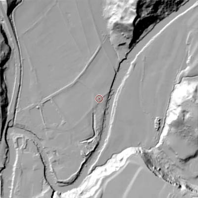 Shaded relief map of the ground around SK63LD, computed from Environment Agency LiDAR. The ground here sits at about 62 m above sea level and falls 53 m across the surrounding 800 m. The ground contributing surface water to this point lies to the west-south-west.
