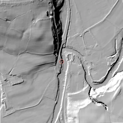 Shaded relief map of the ground around SK63LG, computed from Environment Agency LiDAR. The ground here sits at about 59 m above sea level and falls 58 m across the surrounding 800 m. Surface water reaching this point runs off ground lying to the north-north-west, 54.0 m higher.