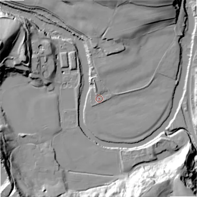 Shaded relief map of the ground around SK63LQ, computed from Environment Agency LiDAR. The ground here sits at about 55 m above sea level and falls 42 m across the surrounding 800 m. Surface water reaching this point runs off ground lying to the north-north-east, 24.6 m higher.