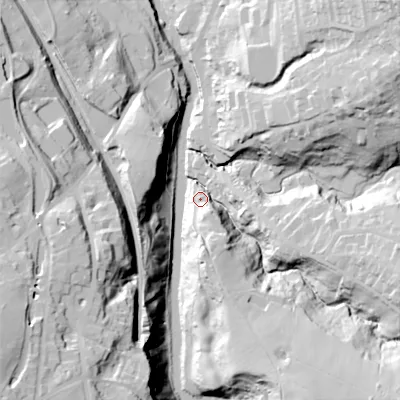 Shaded relief map of the ground around SK65AB, computed from Environment Agency LiDAR. The ground here sits at about 88 m above sea level and falls 69 m across the surrounding 800 m. Surface water reaching this point runs off ground lying to the south-east, 44.0 m higher.