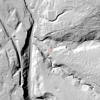 Shaded relief map of the ground around SK65AE, computed from Environment Agency LiDAR. The ground here sits at about 96 m above sea level and falls 69 m across the surrounding 800 m. Surface water reaching this point runs off ground lying to the north-east, 58.9 m higher.