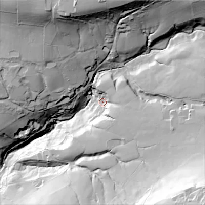 Shaded relief map of the ground around SK65DQ, computed from Environment Agency LiDAR. The ground here sits at about 150 m above sea level and falls 112 m across the surrounding 800 m. Surface water reaching this point runs off ground lying to the east-south-east, 31.0 m higher.