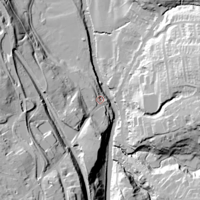 Shaded relief map of the ground around SK65DT, computed from Environment Agency LiDAR. The ground here sits at about 86 m above sea level and falls 63 m across the surrounding 800 m. Surface water reaching this point runs off ground lying to the south-west, 51.5 m higher.