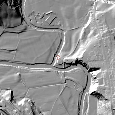 Shaded relief map of the ground around SK65LA, computed from Environment Agency LiDAR. The ground here sits at about 73 m above sea level and falls 47 m across the surrounding 800 m. Surface water reaching this point runs off ground lying to the north-west, 38.3 m higher.