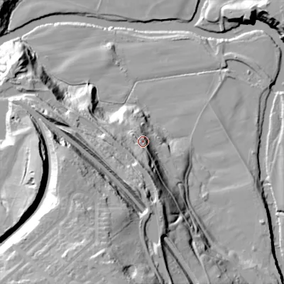 Shaded relief map of the ground around SK65LB, computed from Environment Agency LiDAR. The ground here sits at about 93 m above sea level and falls 64 m across the surrounding 800 m. Surface water reaching this point runs off ground lying to the south-south-west, 18.7 m higher.
