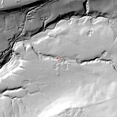 Shaded relief map of the ground around SK65LR, computed from Environment Agency LiDAR. The ground here sits at about 174 m above sea level and falls 107 m across the surrounding 800 m. Surface water reaching this point runs off ground lying to the south-east, 73.3 m higher.