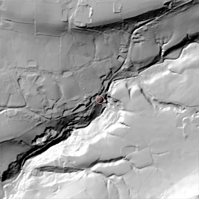 Shaded relief map of the ground around SK65LW, computed from Environment Agency LiDAR. The ground here sits at about 156 m above sea level and falls 106 m across the surrounding 800 m. Surface water reaching this point runs off ground lying to the north-west, 29.5 m higher.