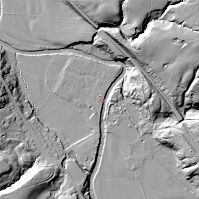 Shaded relief map of the ground around SK67BN, computed from Environment Agency LiDAR. The ground here sits at about 102 m above sea level and falls 66 m across the surrounding 800 m. Surface water reaching this point runs off ground lying to the south-west, 39.1 m higher.