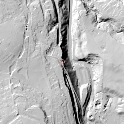 Shaded relief map of the ground around SK67DH, computed from Environment Agency LiDAR. The ground here sits at about 127 m above sea level and falls 86 m across the surrounding 800 m. Surface water reaching this point runs off ground lying to the south-south-west, 39.2 m higher.