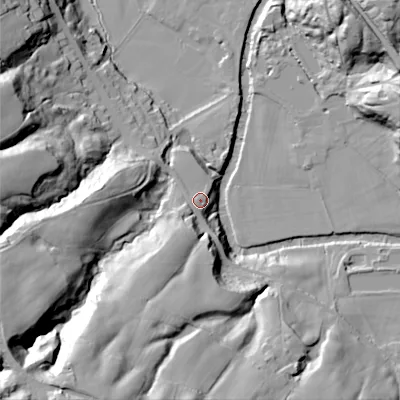 Shaded relief map of the ground around SK67GN, computed from Environment Agency LiDAR. The ground here sits at about 111 m above sea level and falls 65 m across the surrounding 800 m. Surface water reaching this point runs off ground lying to the south-west, 4.0 m higher.