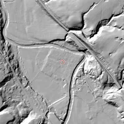 Shaded relief map of the ground around SK67GS, computed from Environment Agency LiDAR. The ground here sits at about 102 m above sea level and falls 68 m across the surrounding 800 m. Surface water reaching this point runs off ground lying to the south-south-east, 2.2 m higher.