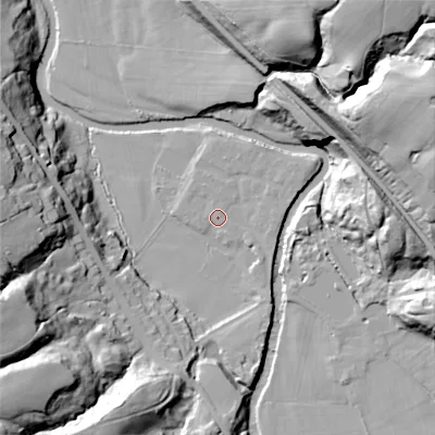 Shaded relief map of the ground around SK67GT, computed from Environment Agency LiDAR. The ground here sits at about 102 m above sea level and falls 60 m across the surrounding 800 m. Surface water reaching this point runs off ground lying to the south-east, 2.1 m higher.