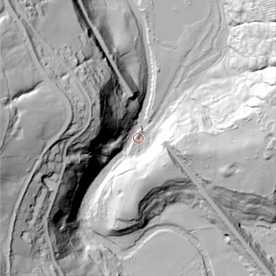 Shaded relief map of the ground around SK67HB, computed from Environment Agency LiDAR. The ground here sits at about 93 m above sea level and falls 90 m across the surrounding 800 m. Surface water reaching this point runs off ground lying to the west, 85.9 m higher.