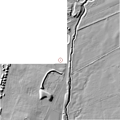 Shaded relief map of the ground around SK71AG, computed from Environment Agency LiDAR. and falls 9 m across the surrounding 800 m. Surface water reaching this point runs off ground lying to the west-south-west, 0.8 m higher.