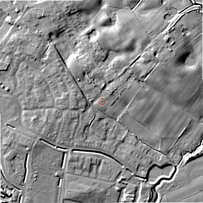 Shaded relief map of the ground around SK71QN, computed from Environment Agency LiDAR. The ground here sits at about 90 m above sea level and falls 11 m across the surrounding 800 m. Surface water reaching this point runs off ground lying to the north-north-west, 5.2 m higher.
