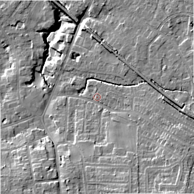 Shaded relief map of the ground around SK72BA, computed from Environment Agency LiDAR. The ground here sits at about 78 m above sea level and falls 16 m across the surrounding 800 m. Surface water reaching this point runs off ground lying to the east-south-east, 5.2 m higher.