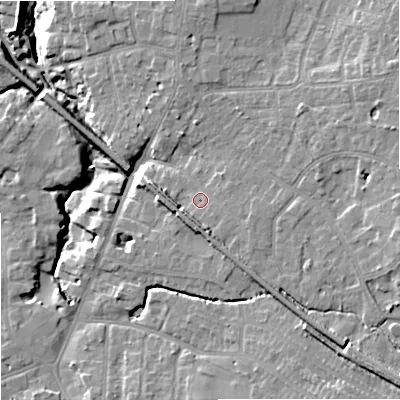 Shaded relief map of the ground around SK72DZ, computed from Environment Agency LiDAR. The ground here sits at about 78 m above sea level and falls 17 m across the surrounding 800 m. Surface water reaching this point runs off ground lying to the south-south-east, 3.0 m higher.