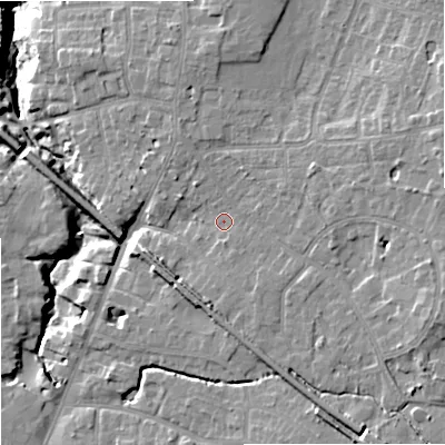 Shaded relief map of the ground around SK72ER, computed from Environment Agency LiDAR. The ground here sits at about 78 m above sea level and falls 17 m across the surrounding 800 m. Surface water reaching this point runs off ground lying to the east-south-east, 5.8 m higher.