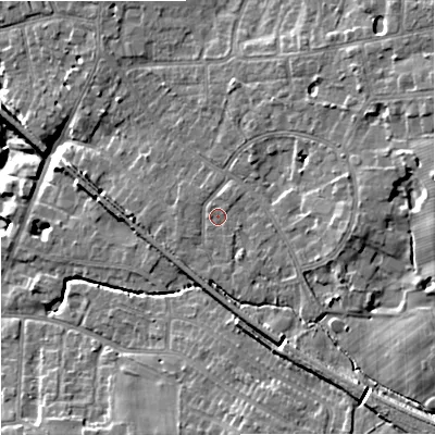 Shaded relief map of the ground around SK72ES, computed from Environment Agency LiDAR. The ground here sits at about 79 m above sea level and falls 14 m across the surrounding 800 m. Surface water reaching this point runs off ground lying to the east, 7.4 m higher.