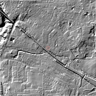 Shaded relief map of the ground around SK72EU, computed from Environment Agency LiDAR. The ground here sits at about 79 m above sea level and falls 16 m across the surrounding 800 m. Surface water reaching this point runs off ground lying to the south-east, 6.7 m higher.