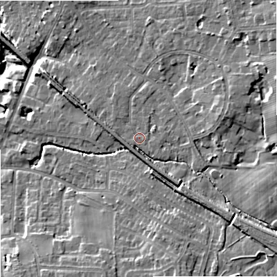 Shaded relief map of the ground around SK72EX, computed from Environment Agency LiDAR. The ground here sits at about 79 m above sea level and falls 15 m across the surrounding 800 m. Surface water reaching this point runs off ground lying to the east-north-east, 7.4 m higher.