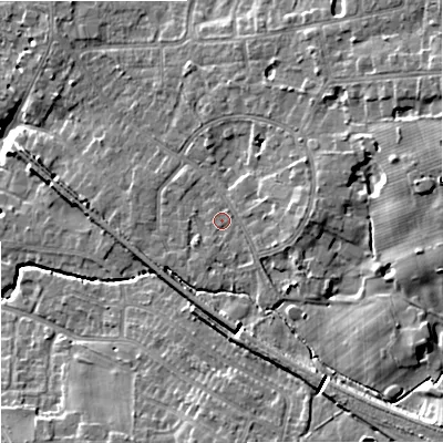 Shaded relief map of the ground around SK72EY, computed from Environment Agency LiDAR. The ground here sits at about 79 m above sea level and falls 12 m across the surrounding 800 m. Surface water reaching this point runs off ground lying to the south-east, 1.2 m higher.