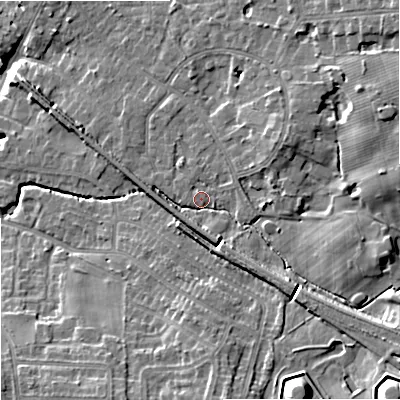 Shaded relief map of the ground around SK72EZ, computed from Environment Agency LiDAR. The ground here sits at about 80 m above sea level and falls 15 m across the surrounding 800 m. Surface water reaching this point runs off ground lying to the south-east, 7.4 m higher.