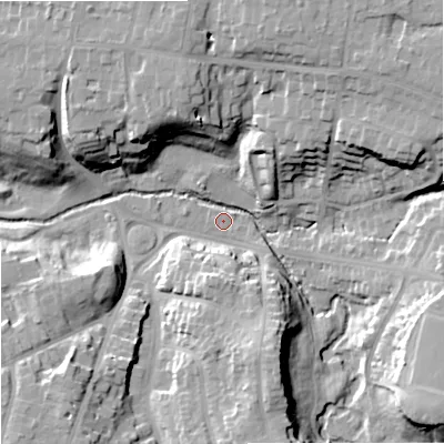 Shaded relief map of the ground around SK73AB, computed from Environment Agency LiDAR. The ground here sits at about 60 m above sea level and falls 22 m across the surrounding 800 m. Surface water reaching this point runs off ground lying to the north-north-east, 20.4 m higher.