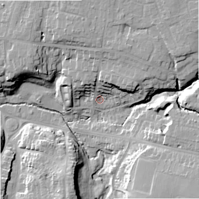 Shaded relief map of the ground around SK73AE, computed from Environment Agency LiDAR. The ground here sits at about 65 m above sea level and falls 22 m across the surrounding 800 m. Surface water reaching this point runs off ground lying to the north-north-west, 14.9 m higher.