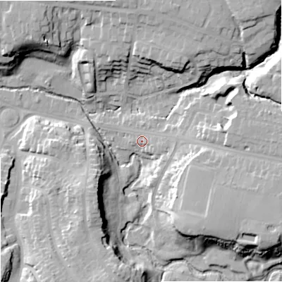 Shaded relief map of the ground around SK73AL, computed from Environment Agency LiDAR. The ground here sits at about 64 m above sea level and falls 22 m across the surrounding 800 m. Surface water reaching this point runs off ground lying to the east, 6.7 m higher.