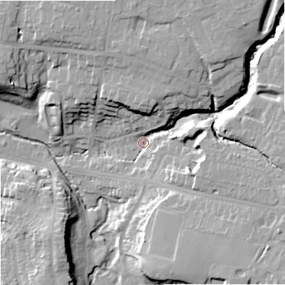 Shaded relief map of the ground around SK73AQ, computed from Environment Agency LiDAR. The ground here sits at about 64 m above sea level and falls 24 m across the surrounding 800 m. Surface water reaching this point runs off ground lying to the east-south-east, 15.9 m higher.