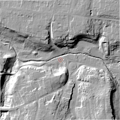 Shaded relief map of the ground around SK73EW, computed from Environment Agency LiDAR. The ground here sits at about 59 m above sea level and falls 23 m across the surrounding 800 m. Surface water reaching this point runs off ground lying to the north-east, 21.0 m higher.