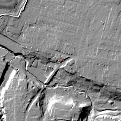Shaded relief map of the ground around SK73JN, computed from Environment Agency LiDAR. The ground here sits at about 69 m above sea level and falls 22 m across the surrounding 800 m. Surface water reaching this point runs off ground lying to the east-north-east, 4.9 m higher.