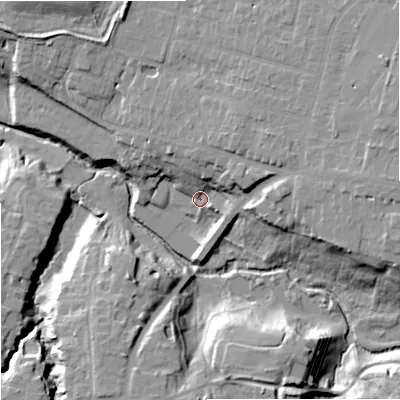 Shaded relief map of the ground around SK73LH, computed from Environment Agency LiDAR. The ground here sits at about 60 m above sea level and falls 21 m across the surrounding 800 m. Surface water reaching this point runs off ground lying to the east-north-east, 11.9 m higher.