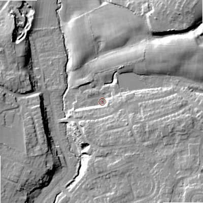 Shaded relief map of the ground around SK74LA, computed from Environment Agency LiDAR. The ground here sits at about 78 m above sea level and falls 26 m across the surrounding 800 m. Surface water reaching this point runs off ground lying to the east-south-east, 14.4 m higher.