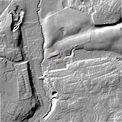 Shaded relief map of the ground around SK74LB, computed from Environment Agency LiDAR. The ground here sits at about 79 m above sea level and falls 25 m across the surrounding 800 m. Surface water reaching this point runs off ground lying to the east-south-east, 14.6 m higher.