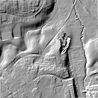 Shaded relief map of the ground around SK74LE, computed from Environment Agency LiDAR. The ground here sits at about 80 m above sea level and falls 20 m across the surrounding 800 m. Surface water reaching this point runs off ground lying to the south-east, 5.8 m higher.