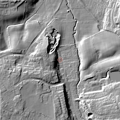 Shaded relief map of the ground around SK74LJ, computed from Environment Agency LiDAR. The ground here sits at about 74 m above sea level and falls 20 m across the surrounding 800 m. Surface water reaching this point runs off ground lying to the south-west, 16.0 m higher.