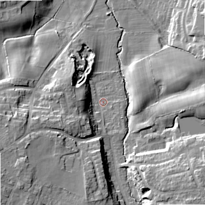 Shaded relief map of the ground around SK74LL, computed from Environment Agency LiDAR. The ground here sits at about 74 m above sea level and falls 20 m across the surrounding 800 m. Surface water reaching this point runs off ground lying to the south-west, 15.9 m higher.