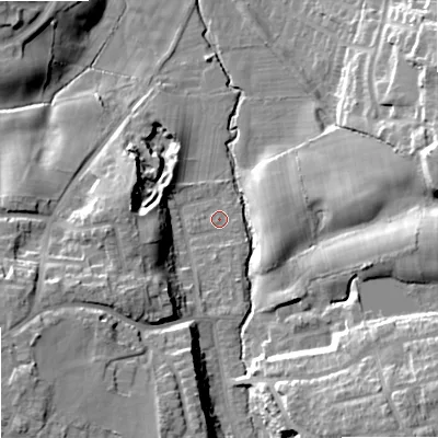 Shaded relief map of the ground around SK74LN, computed from Environment Agency LiDAR. The ground here sits at about 74 m above sea level and falls 21 m across the surrounding 800 m. Surface water reaching this point runs off ground lying to the south-south-east, 1.9 m higher.