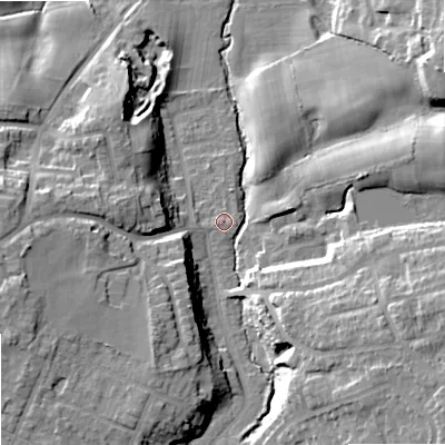 Shaded relief map of the ground around SK74LP, computed from Environment Agency LiDAR. The ground here sits at about 76 m above sea level and falls 21 m across the surrounding 800 m. Surface water reaching this point runs off ground lying to the west-south-west, 1.8 m higher.