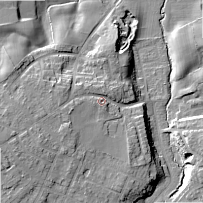 Shaded relief map of the ground around SK74LQ, computed from Environment Agency LiDAR. The ground here sits at about 86 m above sea level and falls 19 m across the surrounding 800 m. Surface water reaching this point runs off ground lying to the south-west, 5.6 m higher.