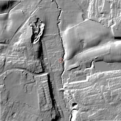 Shaded relief map of the ground around SK74LR, computed from Environment Agency LiDAR. The ground here sits at about 75 m above sea level and falls 22 m across the surrounding 800 m. Surface water reaching this point runs off ground lying to the south-east, 18.7 m higher.