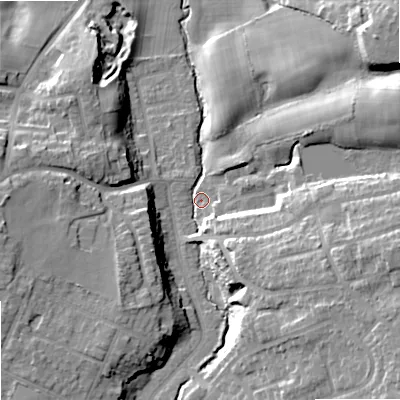 Shaded relief map of the ground around SK74LS, computed from Environment Agency LiDAR. The ground here sits at about 76 m above sea level and falls 22 m across the surrounding 800 m. Surface water reaching this point runs off ground lying to the south-east, 18.7 m higher.