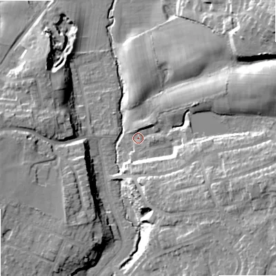 Shaded relief map of the ground around SK74LT, computed from Environment Agency LiDAR. The ground here sits at about 77 m above sea level and falls 22 m across the surrounding 800 m. Surface water reaching this point runs off ground lying to the east-south-east, 15.7 m higher.