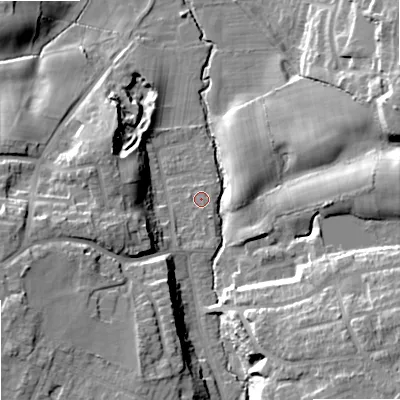 Shaded relief map of the ground around SK74LW, computed from Environment Agency LiDAR. The ground here sits at about 75 m above sea level and falls 21 m across the surrounding 800 m. Surface water reaching this point runs off ground lying to the south, 0.8 m higher.