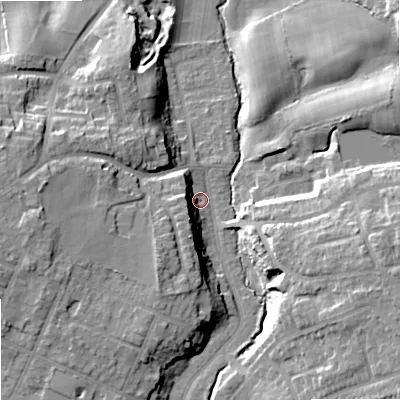 Shaded relief map of the ground around SK74LZ, computed from Environment Agency LiDAR. The ground here sits at about 76 m above sea level and falls 20 m across the surrounding 800 m. Surface water reaching this point runs off ground lying to the east-south-east, 16.0 m higher.